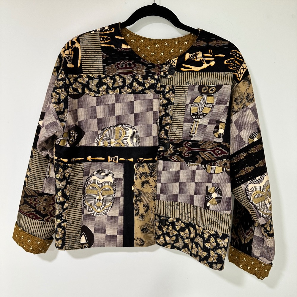 Reversible African Patchwork Jacket Women L Multicolor Tribal Butterfly‎ Boho